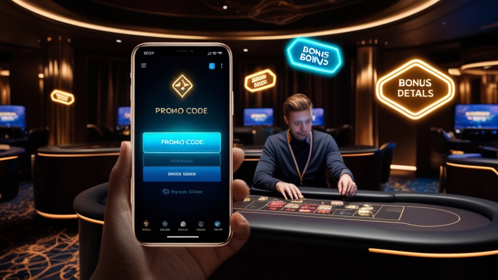 Speler controleert bonuscode op een scherm in een donkere casino-omgeving