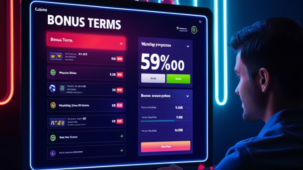 Speler bekijkt inzetvereisten en looptijd van een bonus in een donkere casino-omgeving