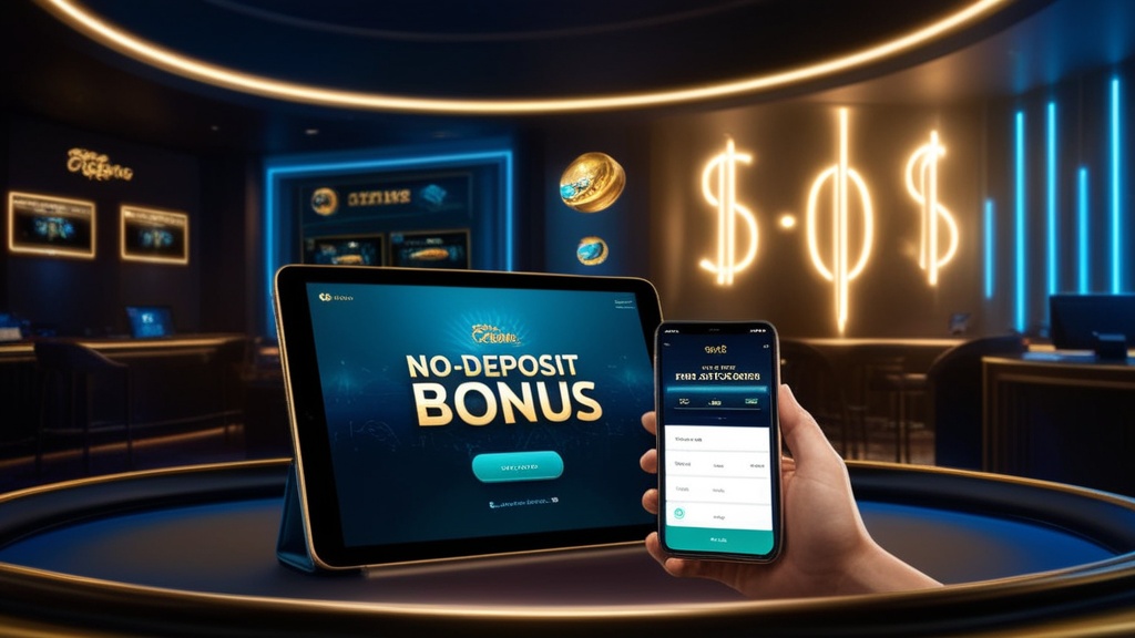 Nieuwe speler bekijkt een no deposit bonus op tablet in een casino-achtige setting
