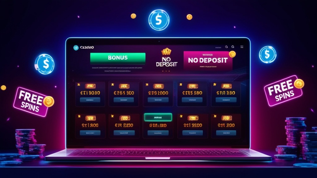 Overzicht van bonuslabels en no deposit acties op een donker casinoscherm